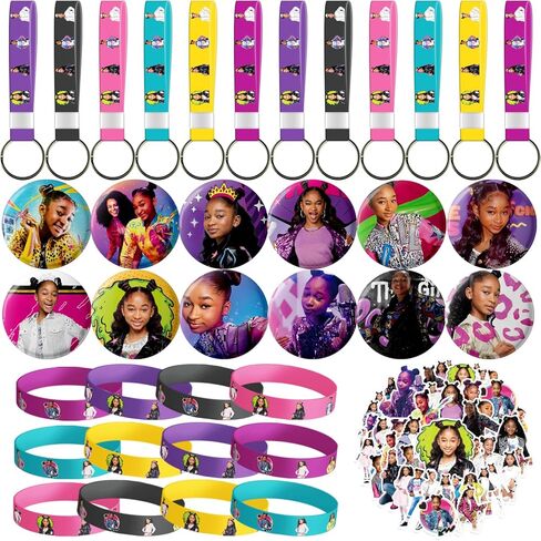 YBW 86 قطعة من لوازم حفلات تلك الفتاة، 50 ملصقًا، 12 سوارًا، 12 سلسلة مفاتيح، 12 دبابيس زر، ديكورات حفلات عيد ميلاد تلك الفتاة، مجموعة هدايا هدايا للأطفال in Kuwait