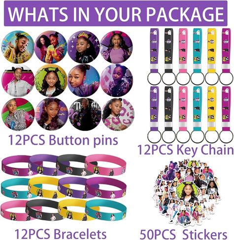 YBW 86 قطعة من لوازم حفلات تلك الفتاة، 50 ملصقًا، 12 سوارًا، 12 سلسلة مفاتيح، 12 دبابيس زر، ديكورات حفلات عيد ميلاد تلك الفتاة، مجموعة هدايا هدايا للأطفال in Kuwait