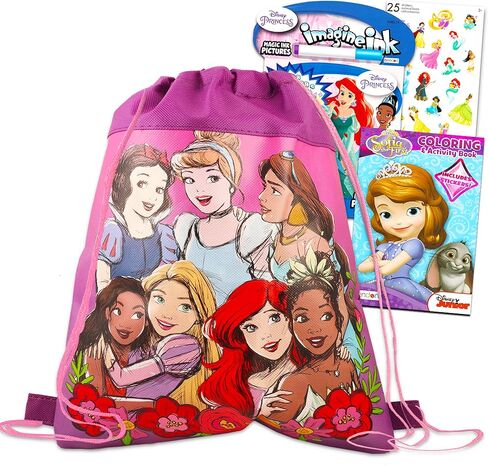 حزمة حقيبة سفر بشخصيات أميرات ديزني من 4 قطع - مجموعة سفر الأميرات مع كتب تلوين وألعاب وألغاز وملصقات الأميرة (حقيبة برباط للأميرات) in Kuwait