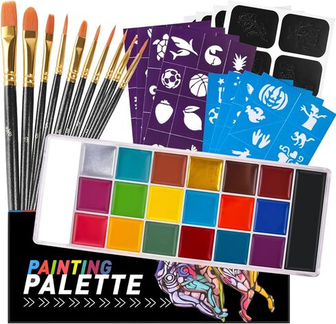 Face Paint Set, Professional 20 Colors Painting Palette Makeup Kit with 10 Pcs Professional Artist Brushes and 12 Sheets Stencils for Halloween, Parties, Theater & Stage in Kuwait