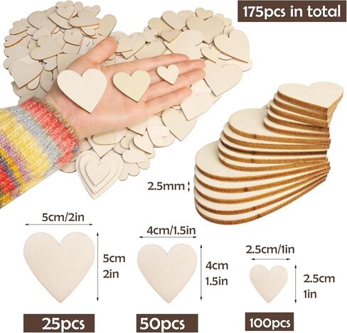 HADDIY Small Wood Hearts for Crafts,175 Pcs Different Size Unfinished Wooden Heart Cutouts Pieces for Wedding Guest Book,Valentine'Day Craft and Deccorations in Kuwait