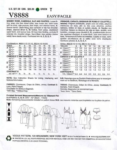 VOGUE PATTERNS V8888 قالب خياطة رداء/قميص داخلي/سراويل داخلية للسيدات، مقاس A5 (6-8-10-12-14) in Saudi Arabia