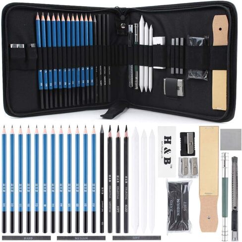 Ziggy V 33 Piece Professional Art Kit Drawing Pencils with Sketch Kit, FREE Sketchpad, Charcoal Pencils, Graphite Pencils, Erasers with Kit Bag in Saudi Arabia