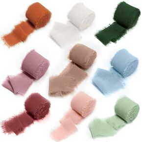 Chiffon Ribbon Fringe Silk Ribbon 9 Rolls Handmade Frayed Edges Ribbon 1.5 Inch x 3 Yard Fabric Boho Ribbon for Gift Wrapping Wedding Invitations Decoration DIY Craft Bridal Bouquets