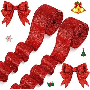 Yunlly 2 Roll 20 Yards Christmas Ribbons Glitter Thick Ribbon Metallic Wired Ribbon for Gift Wrapping Valentine Bouquet DIY Crafts Wedding Xmas Party Wrapping Decorations (Champaign Gold,2.5 Inch)