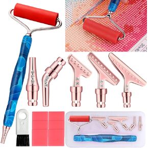 Heyseri 16 Pieces Diamond Painting Pen Accessories, 45° Ergonomic 6 Pieces Stainless Steel Tips Handmade Diamond Art Drill Pen for Art Craft (Dark Blue Rose Gold)