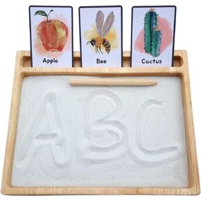 Montessori Sand Tray with Flashcard Holder and Flashcards | Play Sand & Wooden Stylus | Sensory Bin | Tactile & Sensory Toys | Wood Learning and Educational Toys | Montessori Toys in Saudi Arabia