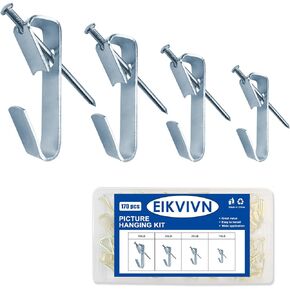 170Pcs Picture Hangers, Eivikin Picture Hanging Kit Holds 10-50lbs, Picture Hooks with Nails, On Dry Wall, Wooden Wall