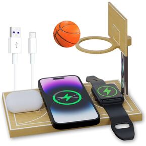 كرة ضغط صغيرة لكرة السلة مع شاحن لاسلكي من الخيزران، محطة شحن خشبية صغيرة للعبة مع لوح خشبي على سطح الطاولة، ممر صغير لسطح المكتب، ممر صغير لرمي كرة السلة لمكتب المكتب in Kuwait