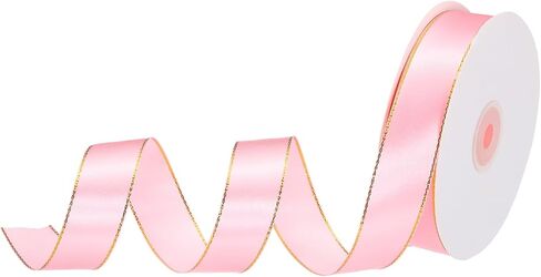 MECCANIXITY شريط من الساتان بعرض 1 بوصة و50 ياردة مع حواف ذهبية وشريط من نسيج Grosgrain لتغليف الهدايا وباقة الزفاف، وردي in Kuwait