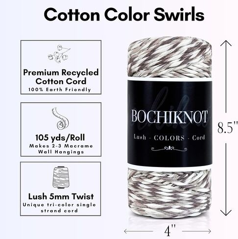 حبل BOCHIKNOT Macrame مقاس 5 مم × 105 ياردة - سلك قطني متعدد الألوان للتعليق على جدران Macrame وشماعات النباتات والحرف اليدوية - حبل حبل Macrame فردي - سلسلة غزل Macrame المتخصصة (رمادي داكن) in Kuwait
