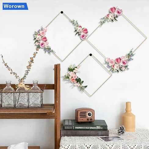 Worown 6 حزمة 8 بوصة مربعة معدنية الزهور هوب إكليل، حلقات الفضة الماسك حلم لعيد الميلاد DIY وإكليل الزفاف، حلم الماسك وMacrame الجدار شنقا الحرف in Kuwait