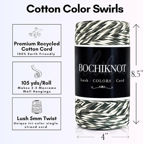 حبل BOCHIKNOT Macrame مقاس 5 مم × 105 ياردة - سلك قطني متعدد الألوان للتعليق على جدران Macrame وشماعات النباتات والحرف اليدوية - حبل حبل Macrame فردي - سلسلة غزل Macrame المتخصصة (رمادي داكن) in Kuwait