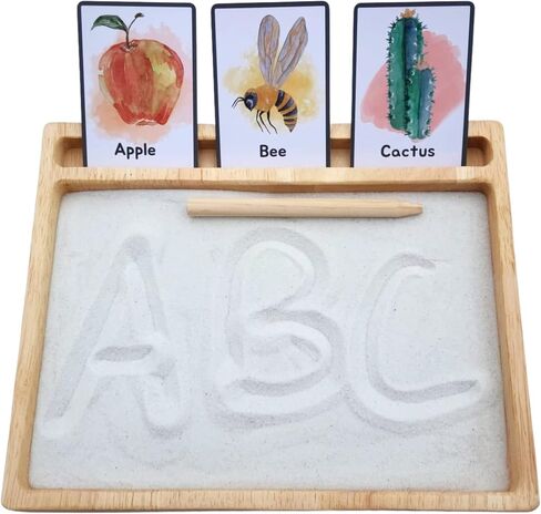 Montessori Sand Tray with Flashcard Holder and Flashcards | Play Sand & Wooden Stylus | Sensory Bin | Tactile & Sensory Toys | Wood Learning and Educational Toys | Montessori Toys in Saudi Arabia