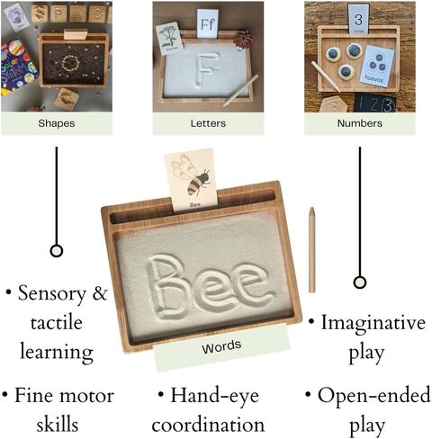 Montessori Sand Tray with Flashcard Holder and Flashcards | Play Sand & Wooden Stylus | Sensory Bin | Tactile & Sensory Toys | Wood Learning and Educational Toys | Montessori Toys in Saudi Arabia