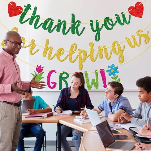 لافتة بعبارة Thank You For Helping Us Grow، لافتة اسبوع تقدير المعلم والموظفين، زينة نهاية المدرسة، ديكورات اليوم الاخير من المدرسة، جليتر ملون in Saudi Arabia
