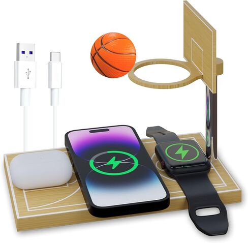 كرة ضغط صغيرة لكرة السلة مع شاحن لاسلكي من الخيزران، محطة شحن خشبية صغيرة للعبة مع لوح خشبي على سطح الطاولة، ممر صغير لسطح المكتب، ممر صغير لرمي كرة السلة لمكتب المكتب in Kuwait