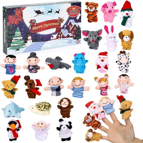 Christmas Advent Calendar 2022 with Finger Puppets Toys, 24 Days Countdown Calendar with Animals Puppets Family Members Plush Toys, Xmas Party Favors Gifts for Toddler Kids Girls Boys in Kuwait
