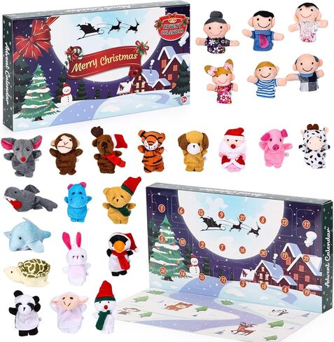 Christmas Advent Calendar 2022 with Finger Puppets Toys, 24 Days Countdown Calendar with Animals Puppets Family Members Plush Toys, Xmas Party Favors Gifts for Toddler Kids Girls Boys in Kuwait