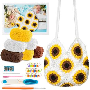 BWkoss Crochet Kit for Beginners, Sunflower Handbag Crochet Starter Kit DIY Shoulder Bag Crochet Craft Complete Material Pack with Step-by-Step Instruction & Video Tutorial for Knitting Enthusiast in Kuwait