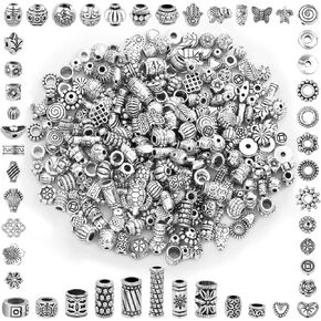500 Pcs Bracelet Spacer Beads, Silver Bulk Random Styles Loose Spacer Metal Charm for Necklace, Earring Making DIY Jewelry Accessories