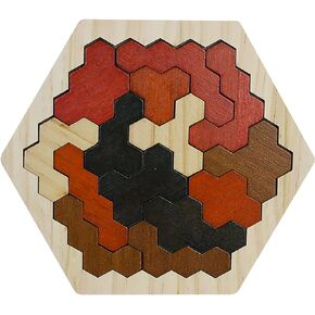 Wooden Blocks Puzzle Brain Teasers Toy Large Wooden Hexagon Puzzle for Kids Adults Tangram Brain Teaser Puzzles Geometry Logic IQ Games STEM Montessori Educational Gift for Kids (Cellular Brown)