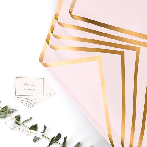 20 قطعة من ورق تغليف الزهور من fuceury توفر ورق تغليف زهور مقاوم للماء مع شريط وبطاقات مقاس 22.8 × 22.8 بوصة (وردي مع حافة ذهبية) in Kuwait