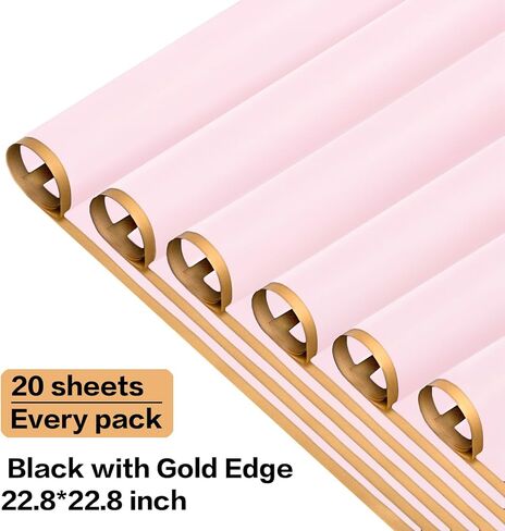 20 قطعة من ورق تغليف الزهور من fuceury توفر ورق تغليف زهور مقاوم للماء مع شريط وبطاقات مقاس 22.8 × 22.8 بوصة (وردي مع حافة ذهبية) in Kuwait