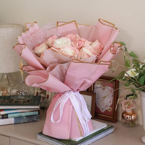 20 قطعة من ورق تغليف الزهور من fuceury توفر ورق تغليف زهور مقاوم للماء مع شريط وبطاقات مقاس 22.8 × 22.8 بوصة (وردي مع حافة ذهبية) in Kuwait