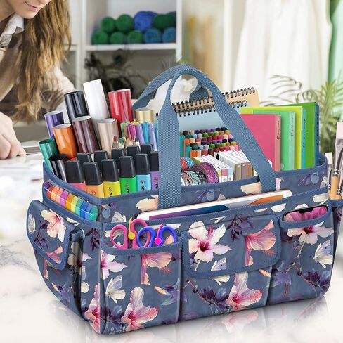 FINPAC Craft Storage Tote Bag with Multiple Pockets, Scrapbooking Carrying Case Storage Caddy with Handle for Sewing, Art, Desktop, Baby Care Supplies (Spring Bloom) in Kuwait