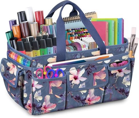 FINPAC Craft Storage Tote Bag with Multiple Pockets, Scrapbooking Carrying Case Storage Caddy with Handle for Sewing, Art, Desktop, Baby Care Supplies (Spring Bloom) in Kuwait