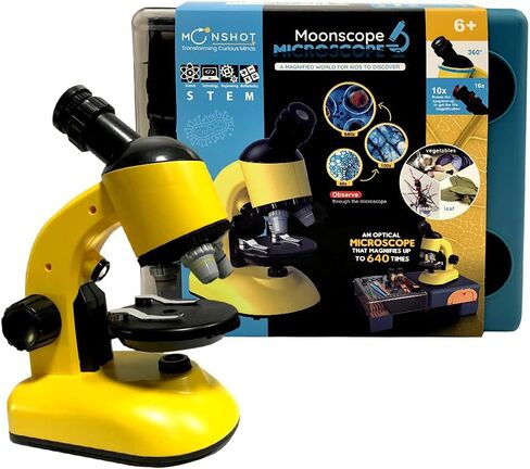 Moonshotjr Moonscope - مجهر بصري للأطفال، تكبير عالي 40X 100X 640X، مجهر للمبتدئين، مجموعة STEM | رأس دوار، صندوق مكتب، حامل للهاتف المحمول – مجموعة للتجربة العلمية (أصفر) in Kuwait