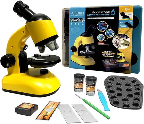 Moonshotjr Moonscope - مجهر بصري للأطفال، تكبير عالي 40X 100X 640X، مجهر للمبتدئين، مجموعة STEM | رأس دوار، صندوق مكتب، حامل للهاتف المحمول – مجموعة للتجربة العلمية (أصفر) in Kuwait
