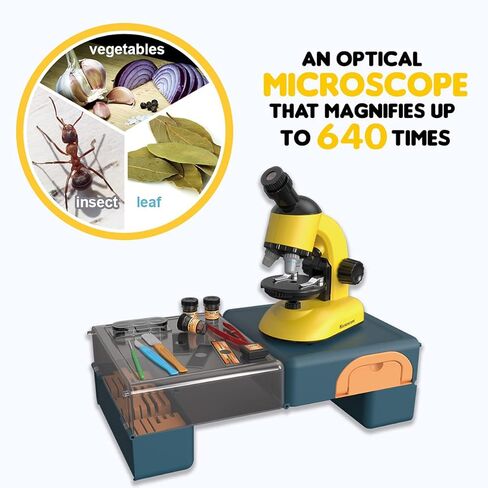 Moonshotjr Moonscope - مجهر بصري للأطفال، تكبير عالي 40X 100X 640X، مجهر للمبتدئين، مجموعة STEM | رأس دوار، صندوق مكتب، حامل للهاتف المحمول – مجموعة للتجربة العلمية (أصفر) in Kuwait