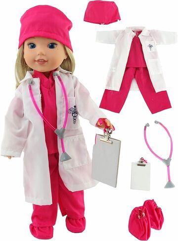 اميريكان فاشن وورلد زي طبيب هوت بينك للدمى مقاس 14 انش | مجموعة من 7 قطع | جودة ممتازة وتصميم عصري | ملابس دمى | أزياء للدمى للعلامات التجارية الشهيرة in Kuwait