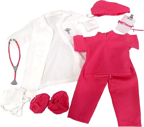 اميريكان فاشن وورلد زي طبيب هوت بينك للدمى مقاس 14 انش | مجموعة من 7 قطع | جودة ممتازة وتصميم عصري | ملابس دمى | أزياء للدمى للعلامات التجارية الشهيرة in Kuwait