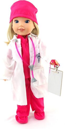 اميريكان فاشن وورلد زي طبيب هوت بينك للدمى مقاس 14 انش | مجموعة من 7 قطع | جودة ممتازة وتصميم عصري | ملابس دمى | أزياء للدمى للعلامات التجارية الشهيرة in Kuwait