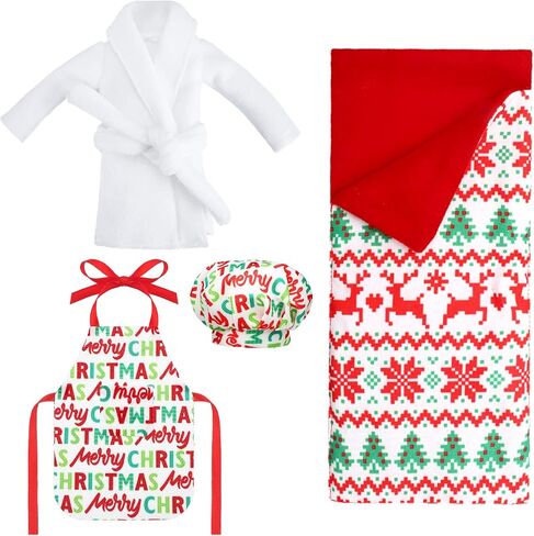 Sleeping Bag Christmas Accessory for Elf Doll, Including Christmas Doll Sleeping Bag, Bathrobe, Apron and Cap, Christmas Elf Doll Sleeping Bag Set for Elf Doll Clothes Kit (Plaid Style) in Saudi Arabia