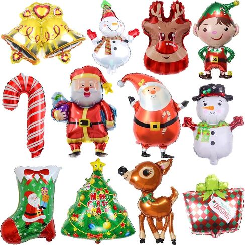 12Pcs Christmas Foil Balloons Party Decorations Santa Reindeer Snowman Christmas Tree Balloon Decoration, Xmas Winter Theme Birthday Baby Shower Christmas Holiday Party Supplies Decorations in Kuwait