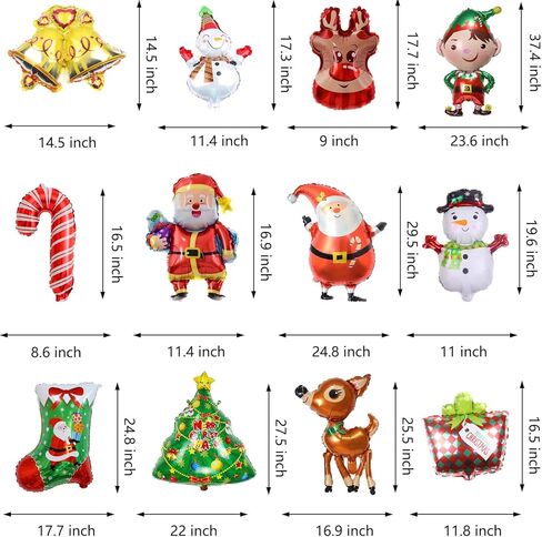 12Pcs Christmas Foil Balloons Party Decorations Santa Reindeer Snowman Christmas Tree Balloon Decoration, Xmas Winter Theme Birthday Baby Shower Christmas Holiday Party Supplies Decorations in Kuwait