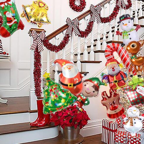 12Pcs Christmas Foil Balloons Party Decorations Santa Reindeer Snowman Christmas Tree Balloon Decoration, Xmas Winter Theme Birthday Baby Shower Christmas Holiday Party Supplies Decorations in Kuwait