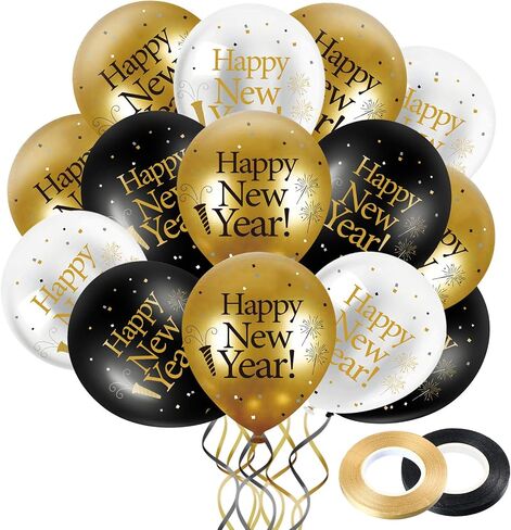 45 Pieces 12 Inch Happy New Year Latex Balloons, White Gold Black New Year Party Latex Balloon with 2 Pieces Black and Gold Ribbon Decorations for 2023 New Year's Eve Party Indoor Outdoor Supplies in Saudi Arabia