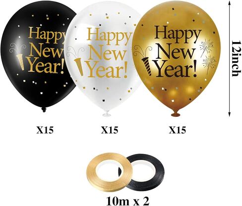 45 Pieces 12 Inch Happy New Year Latex Balloons, White Gold Black New Year Party Latex Balloon with 2 Pieces Black and Gold Ribbon Decorations for 2023 New Year's Eve Party Indoor Outdoor Supplies in Saudi Arabia