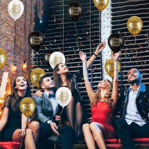 45 Pieces 12 Inch Happy New Year Latex Balloons, White Gold Black New Year Party Latex Balloon with 2 Pieces Black and Gold Ribbon Decorations for 2023 New Year's Eve Party Indoor Outdoor Supplies in Saudi Arabia