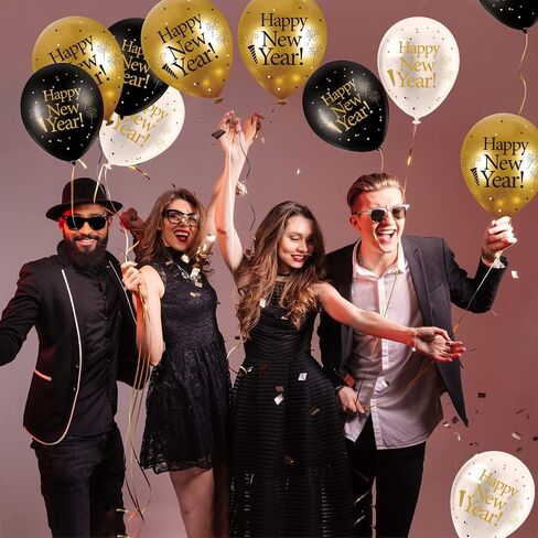 45 Pieces 12 Inch Happy New Year Latex Balloons, White Gold Black New Year Party Latex Balloon with 2 Pieces Black and Gold Ribbon Decorations for 2023 New Year's Eve Party Indoor Outdoor Supplies in Saudi Arabia