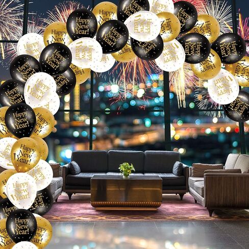45 Pieces 12 Inch Happy New Year Latex Balloons, White Gold Black New Year Party Latex Balloon with 2 Pieces Black and Gold Ribbon Decorations for 2023 New Year's Eve Party Indoor Outdoor Supplies in Saudi Arabia