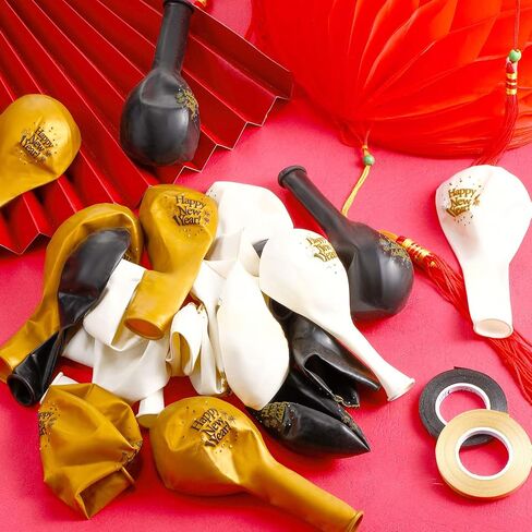 45 Pieces 12 Inch Happy New Year Latex Balloons, White Gold Black New Year Party Latex Balloon with 2 Pieces Black and Gold Ribbon Decorations for 2023 New Year's Eve Party Indoor Outdoor Supplies in Saudi Arabia