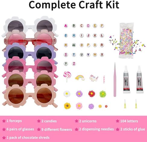 EMUFOOK 200pcs DIY Kids النظارات الشمسية صنع عدة هدايا عيد ميلاد للأطفال للفتيات من عمر 5-12 سنة نظارات شمسية على شكل زهرة مع حرف ديزي خرز الحلوى هدايا الحفلات الفنون والحرف اليدوية للأطفال الذين تتراوح أعمارهم بين 5 6 7 8 9 10 11 12 in Kuwait