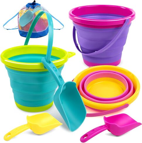 JOYIN 3 Packs Foldable Pail Bucket with Shovels & Mesh Bag, Collapsible Buckets Multi Purpose for Beach, Camping Gear, Beach Party, Fishing, and Fun Summer Activities (Yellow/Blue/Green) in Saudi Arabia