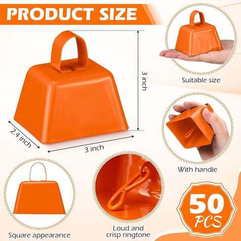 50 Pack Metal Cowbells Bulk 3 x 2.4 x 3 Inch Cow Bells with Handle Novelty Noise Maker for Sporting Events Cheering Team Spirit Weddings Graduation Baseball Football Game Party (Orange) in Kuwait